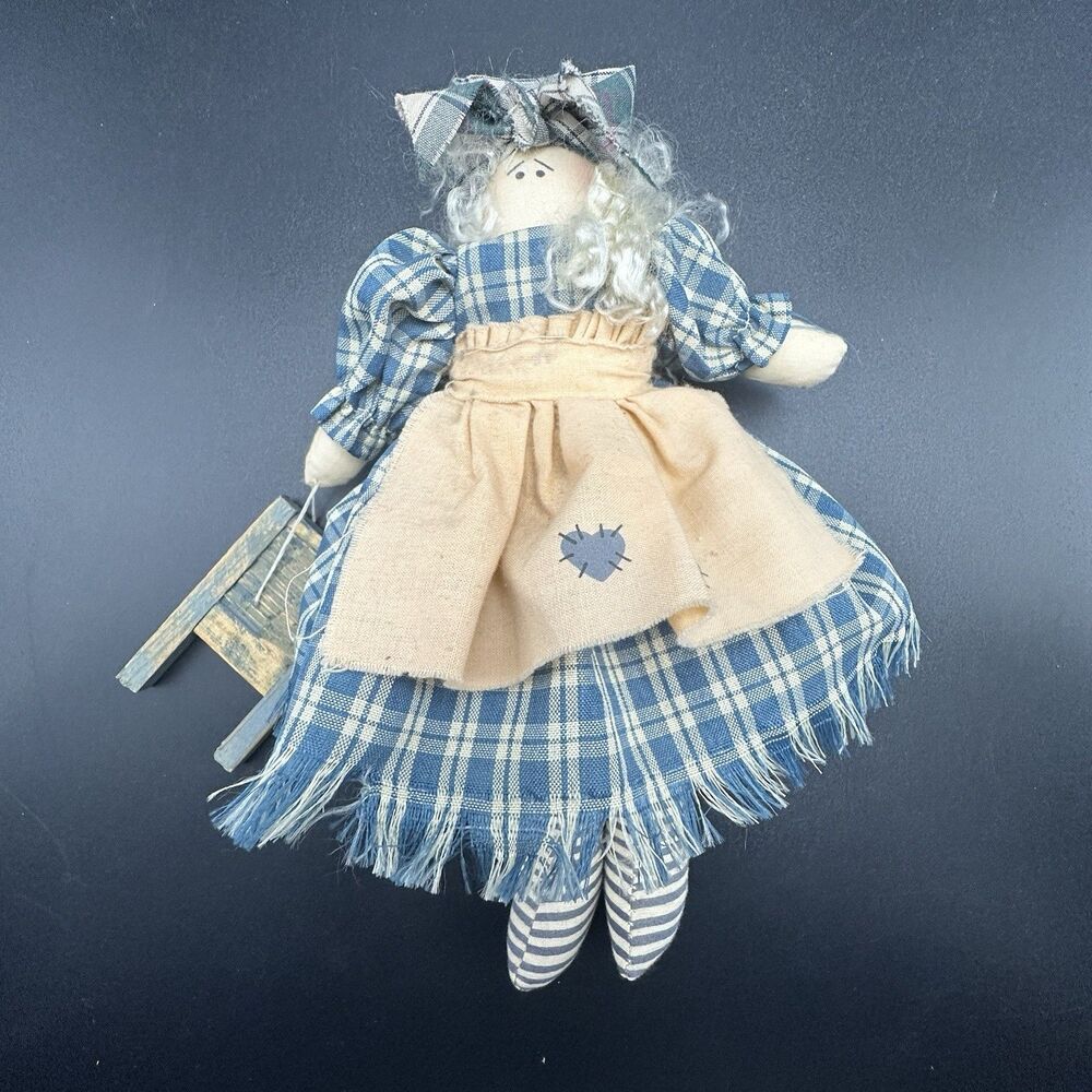Primitive Rag Doll Plaid Dress Apron Washboard Farmhouse Country Decor